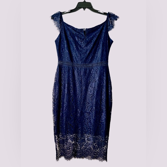 Allanwell Blue Floral Lace V Neckline Midi Bodycon XL Cocktail Dress BNWT - Picture 1 of 10
